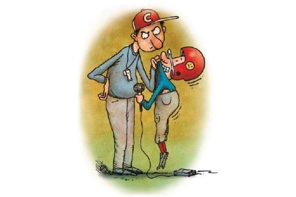 Cartoon of coach grabbing player by shirt
