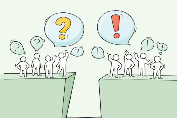 Illustration showing people with question marks and exclamation points in speech bubbles trying to get across a gap
