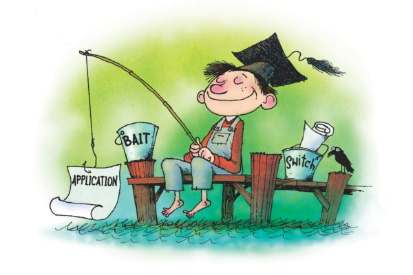 Illustration of boy with graduation cap sitting on dock fishing with bait and switch buckets