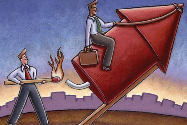 Illustration of someone sitting on a missile and another person lighting it from behind