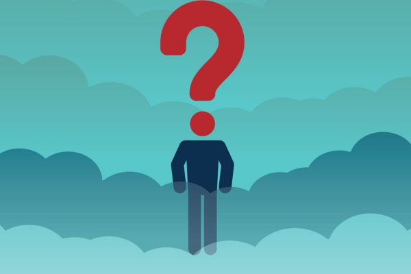 Illustration of person standing among clouds with big question mark