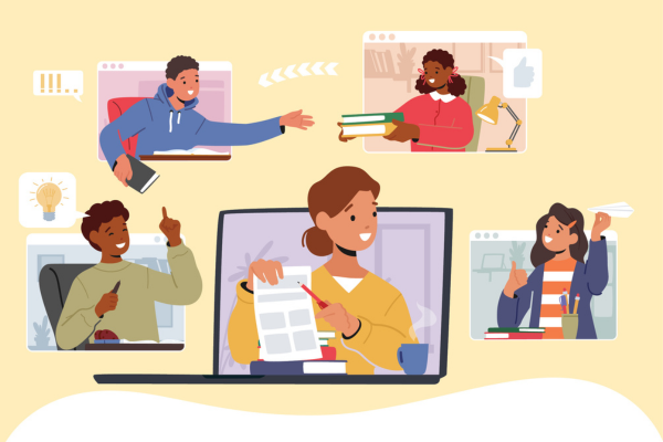 Illustration of multiple browser windows showing students popping out